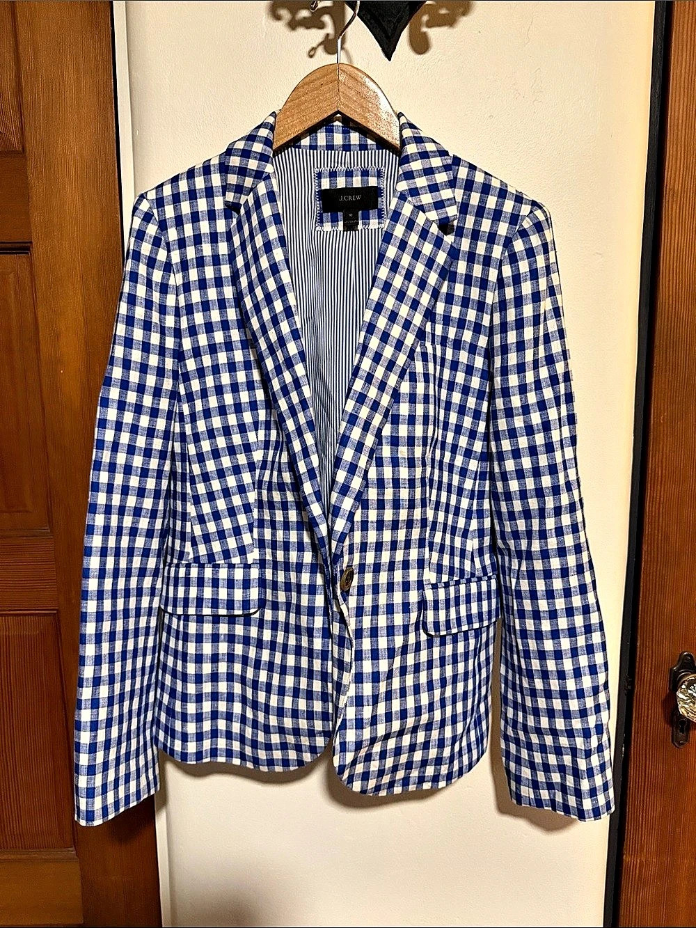 J.Crew Gingham Linen Blend Blazer Blue & White Size 10 Like New